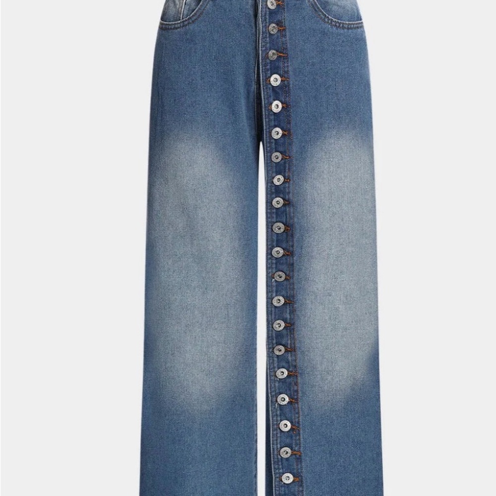 Blue Straight Leg Jeans with High-Waisted Design